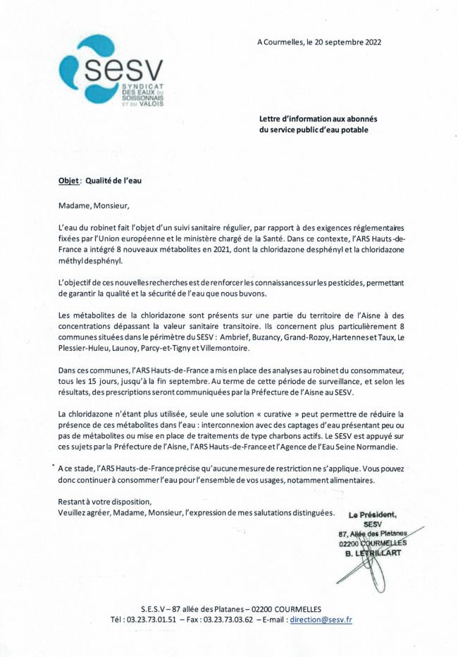 Qualité de l'eau (lettre du SESV)