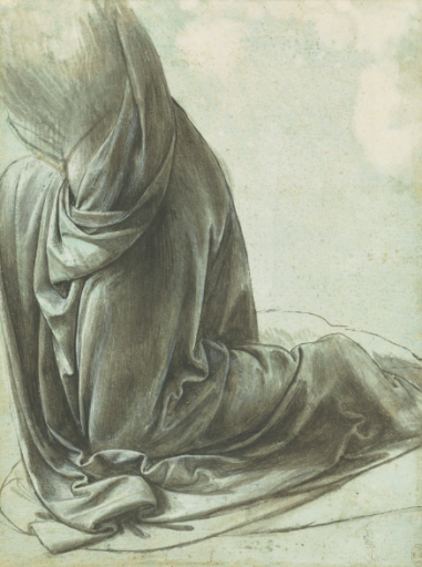 Dessin en noir et blanc d'un drapé sous lequel se devine une jambe.