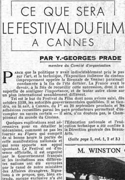 CE QUE SERA LE FESTIVAL DU FILM A CANNES, Le Figaro, 18 août 1939