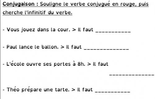 Conjugaison CE1 : exercice sur le repérage du verbe et son infinitif.