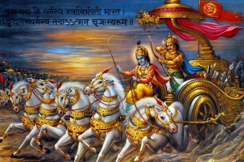 Krishna mène Arjuna au combat